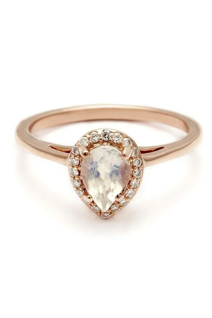 Similar in appearance to a classic diamond engagement ring, this Anna Sheffield teardrop moonstone ring is chic, timeless and elegant. Anna Sheffield Moonstone Ring, S$4,197