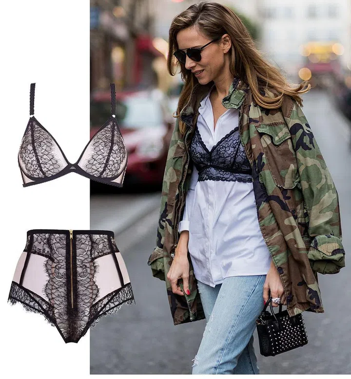 Take the bra-on-show trend one step further and wear it over your top. Daring, yes, but do it the grown-up way and you'll be on-trend without feeling over-exposed.

Choose oh-so-delicate lace that demands to be seen, then keep the rest of your look minimal so as to rebuff any suggestion of indecency.

A mannish shirt and low-key jeans with a khaki jacket draped over the shoulders packs a subtle vibe. Now go turn heads...
