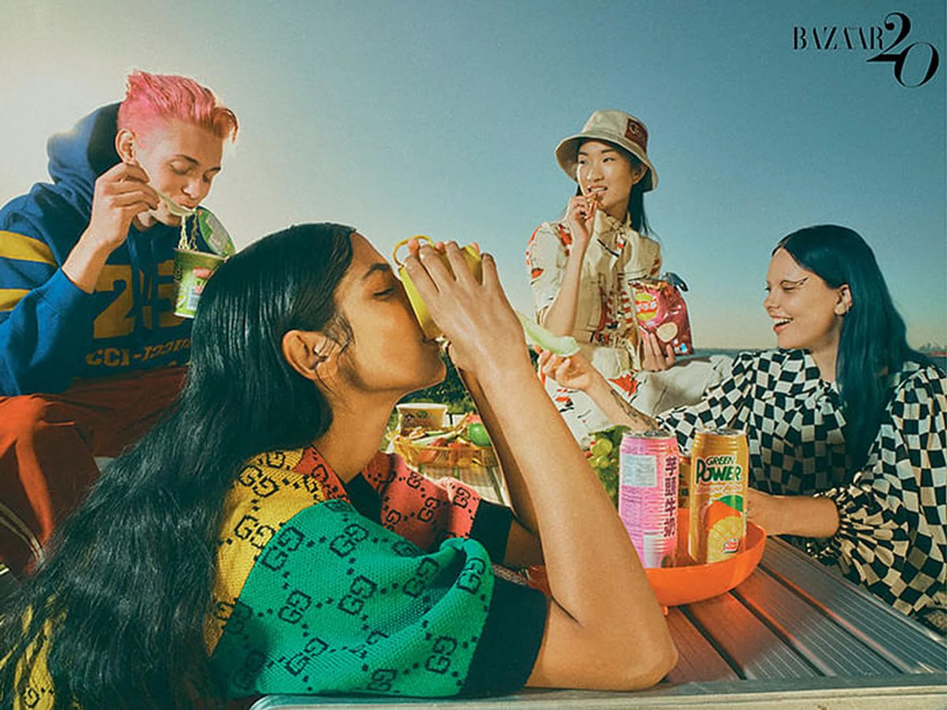 From left: Hoodie jacket; trousers; t-shirt; hat; dress; dress, all by Gucci. Jewellery (worn throughout), model’s own (Photo: Georges Antoni)