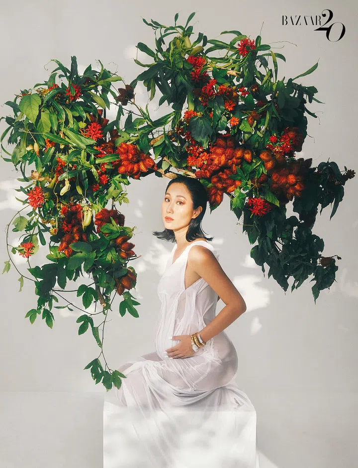 Wu wears dress, by Di Petsa; dold and diamond High Jewellery Serpenti bangle, by Bvlgari. (Photo: Darren Gabriel Leow)