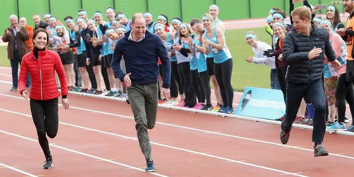 Prince William, Kate Middleton, and Prince Harry race each other during the Team Heads Together at a London Marathon Training Day.

Photo: Getty