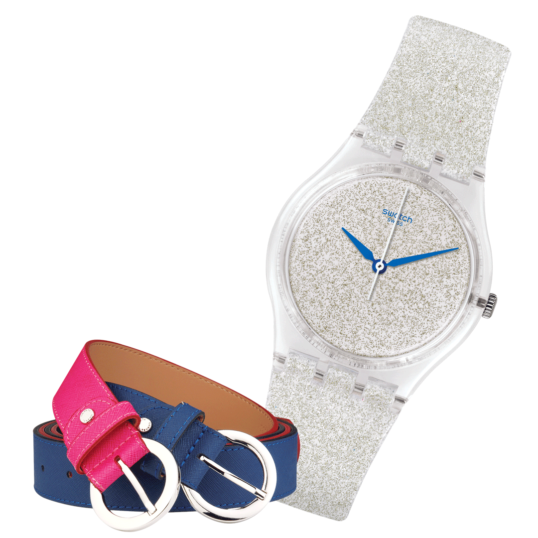 Belts, $59 each, Tocco Tenero; Snowshine watch, $82, Swatch