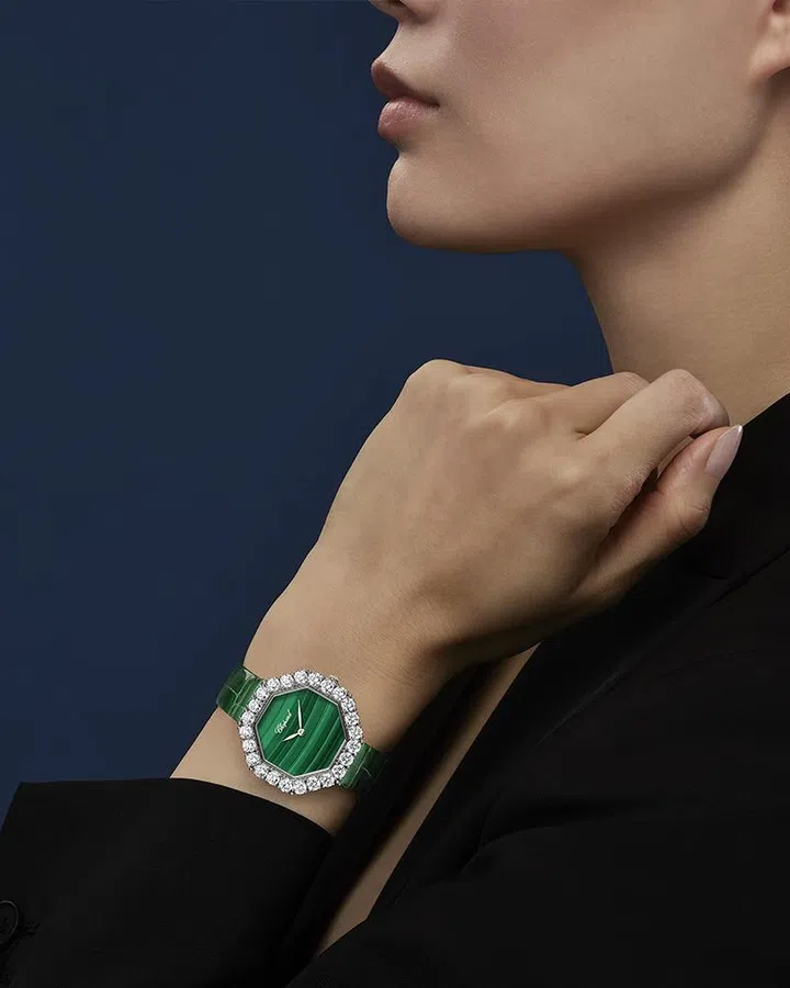 watch trends 2026 | cocktail watches chopard white gold, diamond and malachite L’Heure Du Diamant Octagonal watch