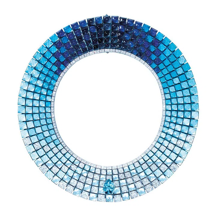 The Pain de Sucre high jewellery necklace is a rhapsody in blue with aquamarine, turquoise, lapis lazuli and other gems. Photo: Courtesy of FRED