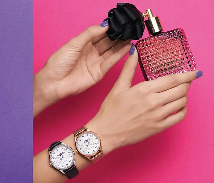 Featuring day, date and moonphase indicators on its clean, minimalist dials, these watches by Enthology present all the functions a woman needs for the day ahead. Bonus points come from the fact that the watches (which are also available in gold PVD treated steel for that touch of luxe) come with easy-to-use interchangeable straps that allow for a quick change of looks to suit changing style needs throughout the day. Their 36mm size also means that even women with slender wrists are guaranteed a comfortable fit.

From left: Steel Piano Keys watch, $245; rose gold PVD treated steel Purple Lightsticks watch, $285, Enthology