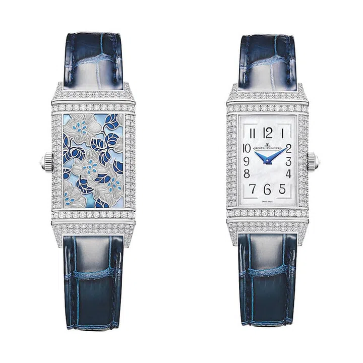 The two faces of the white gold, mother-of-pearl and diamond Reverso One Precious Flowers – White Lilies watch. (Photo: Jaeger-LeCoultre)