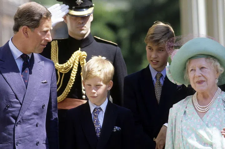 Prince Harry, 10, celebrates the Queen Mother's 95th birthday with his brother, Prince William, and father, Prince Charles.