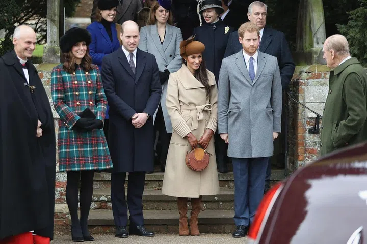 The Duke and Duchess of Cambridge, Meghan Markle and Prince Harry welcomed the Queen and Prince Philip to a Christmas Day service at the Church of St Mary Magdalene. Photo: Getty 