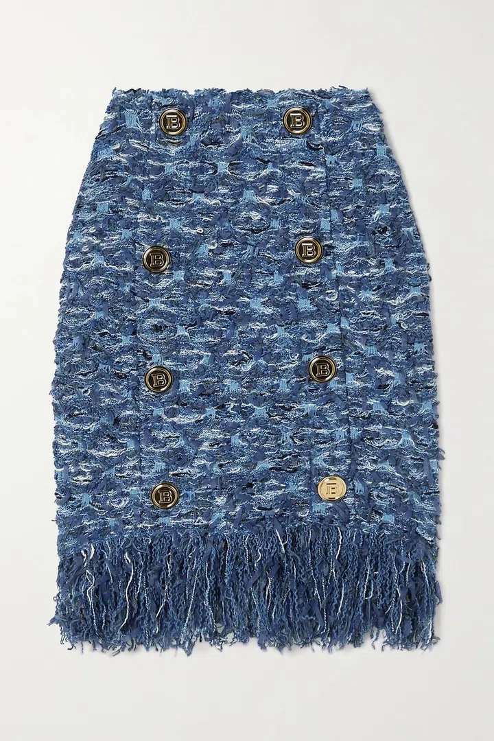 Balmain Button-embellished fringed tweed mini skirt