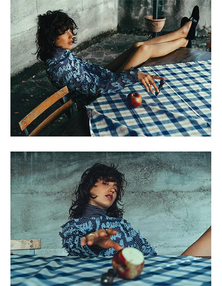 Embroidered cotton tunic, Loewe. Leather slip-ons, Tod’s