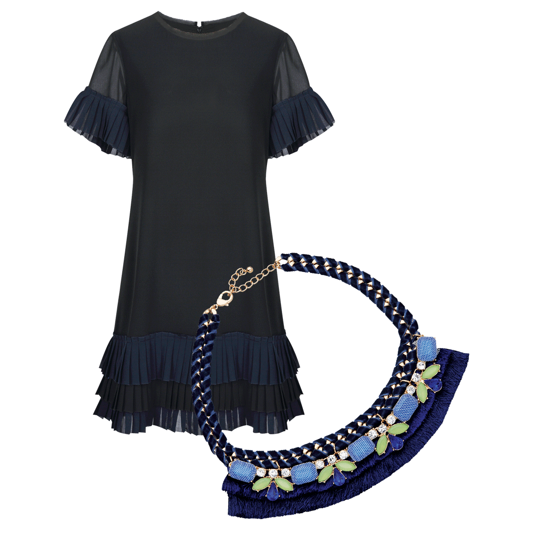 Dress, $199, Elita. Necklace, $169, Style To Be