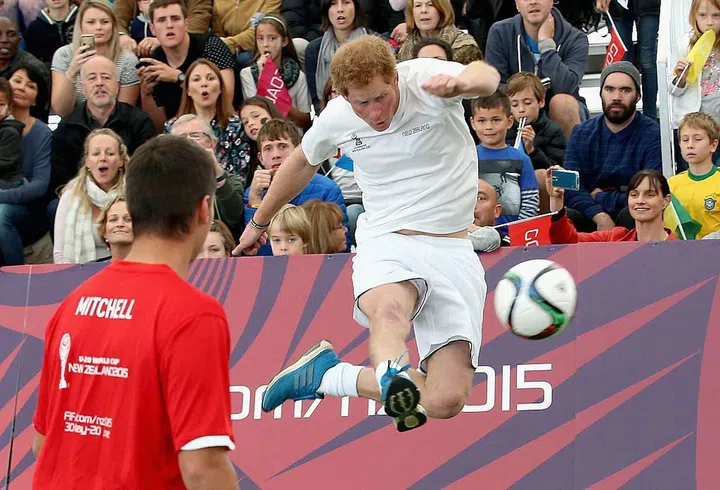 Prince Harry scored the winning goal on the final buzzer as captain of the New Zealand team playing an All Stars team in an exhibition match to promote FIFA Under 20 World Cup at the Cloud in Auckland, New Zealand