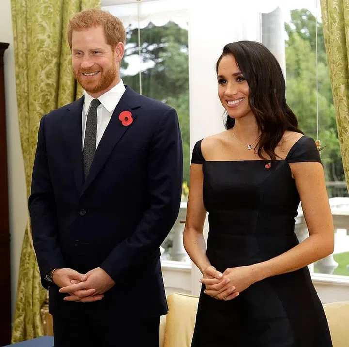 Meghan and Harry attend a reception at Government House in Wellington, New Zealand. Meghan is wearing a dress by Gabriela Hearst. Photo: Getty 