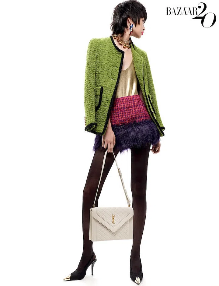 acket; bodysuit; skirt; earring; necklaces; bag; stockings; slingbacks, all by Saint Laurent. (Photo: Wee Khim)