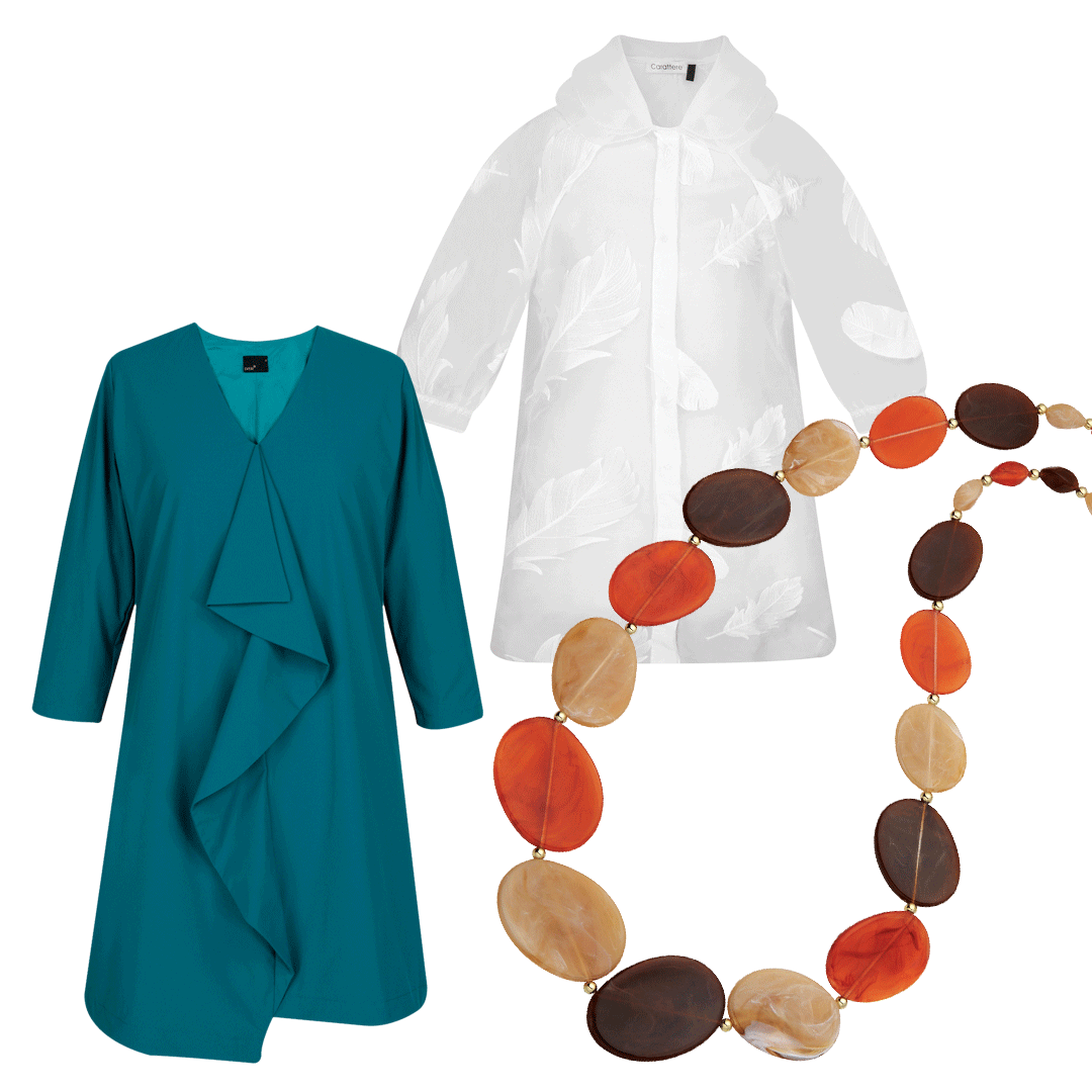 From top: Silk parka, $269, Carattere. Teagan ruff dress, $129, Lver. Necklace, $23, Anne Kelly