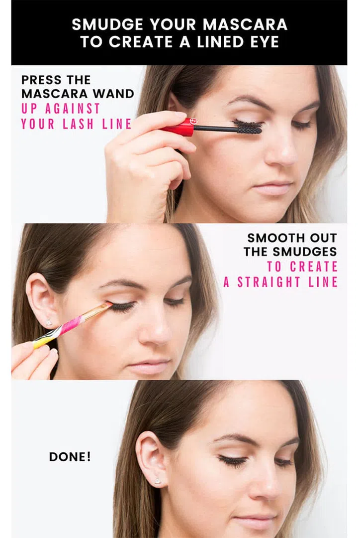 6. Instead of using an eyeliner, wiggle your mascara wand up against your eyelid so it transfers onto your upper lash line. Use an angled brush to smooth out the smudge into a straight line. Try Giorgio Armani Eccentrico Eyes to Kill Mascara and Sonia Kashuk angled brush.
