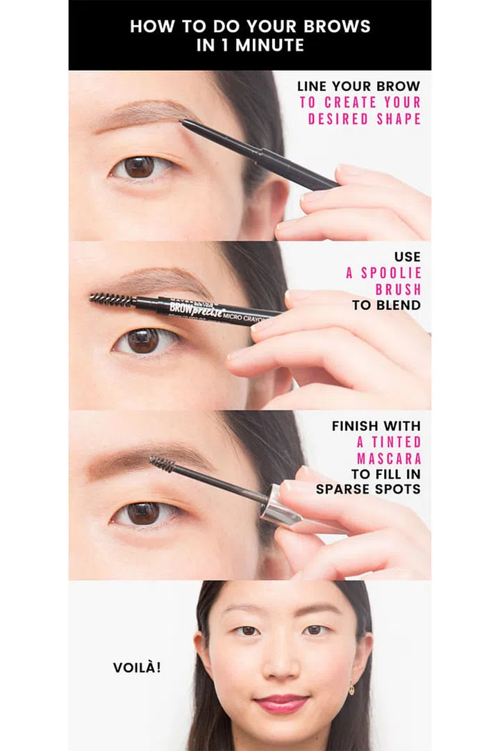 9. Create a perfectly shaped brow in 60 seconds. Start by underlining your brow and tracing the top to your desired shape. Heeseung used Maybelline New York Brow Precise Micro Pencil. Then, blend the line out until it's almost invisible with the spoolie on the opposite end of the brush. Finally, swipe on a tinted brow mascara, like Benefit Gimme Brow Volumizing Brow Gel, to help groom your arches and fill in and conceal any sparse spots.