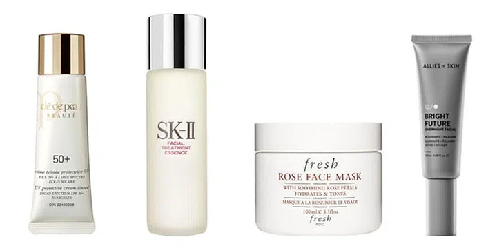 From left: Clé de Peau UV Protective Cream (Tinted), SK-II Facial Treatment Essence, FRESH Rose Mask, Allies of Skin Bright Future Overnight Facial. Photo: Courtesy of brands