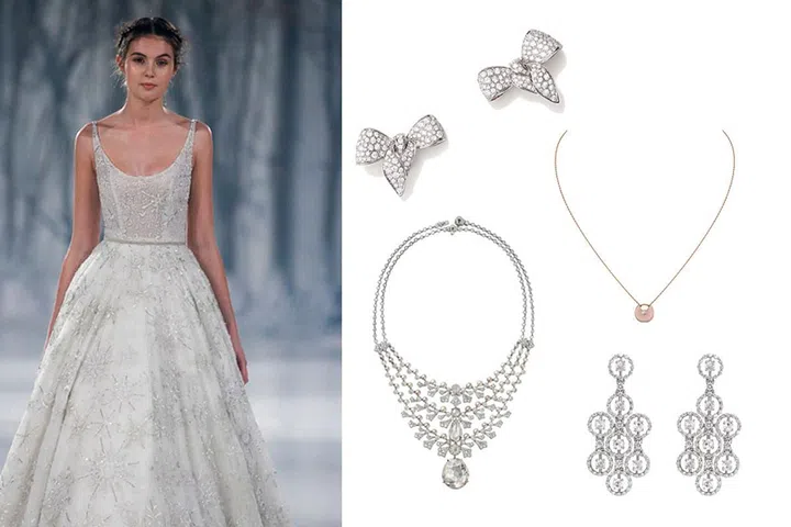 Clockwise from top left: Damiani Masterpiece Fiocco white gold diamond earrings. Amulette de Cartier pink gold, pink opal and diamond necklace. Damiani Juliette diamond earrings. Cartier Magicien Essential Lines white gold diamond necklace.