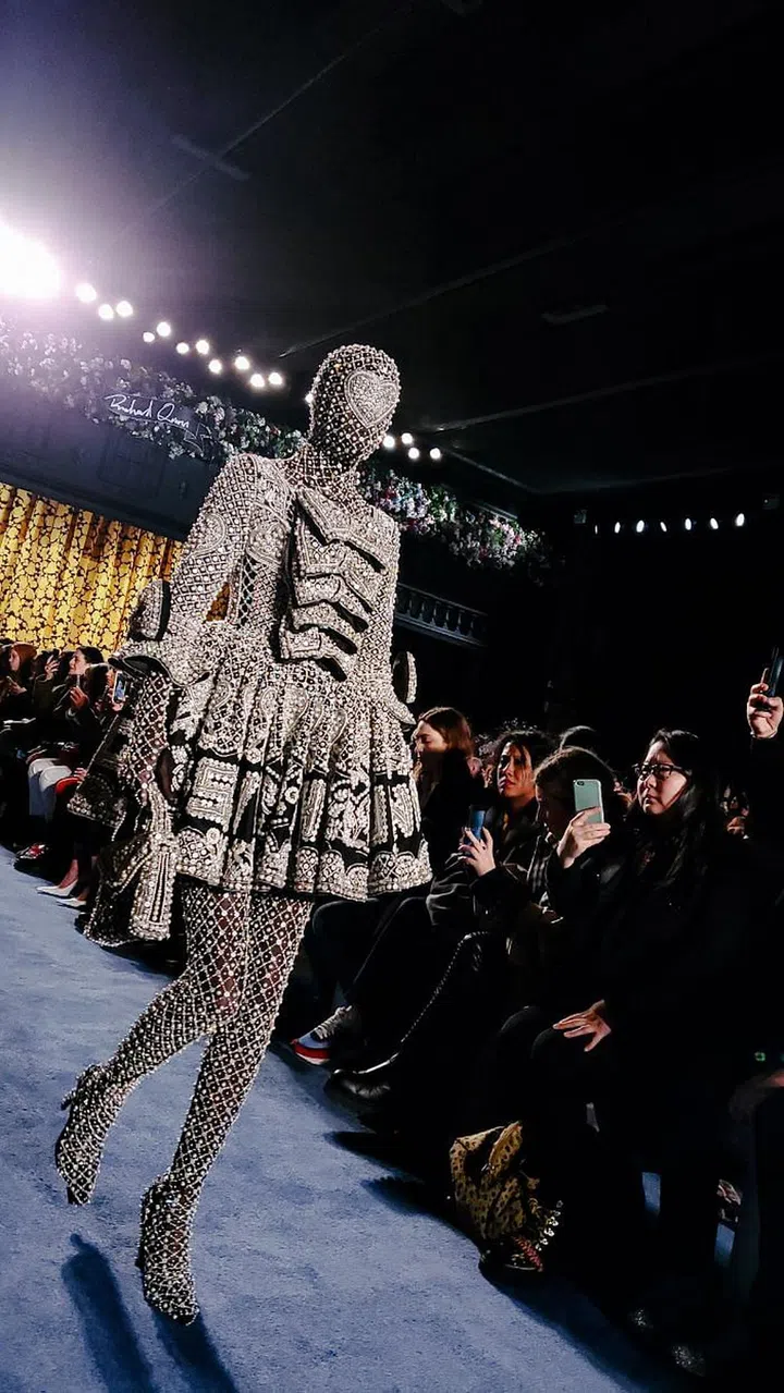 Richard Quinn paid a tribute to the cockney Pearly Kings and Queens of London whose iconic mother-of-pearl-swathed outfits he deemed as “working class couture”.