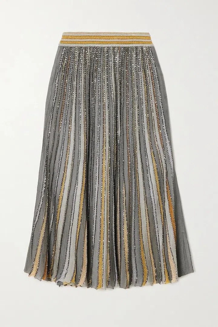 Pleated Sequin-Embellished Metallic Crochet-Knit Midi Skirt, $1,920, Missoni at Net-a-Porter