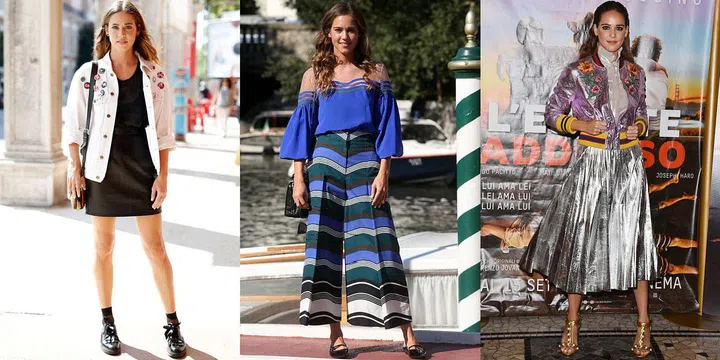 Claim to fame: The stunningly pretty Italian model and actress is garnering attention for her yet-to-be-released 2017 horror film, Rings.
Style profile: Lutz is no wallflower, opting for bold looks that leverage metallics, stripes and embroidery.