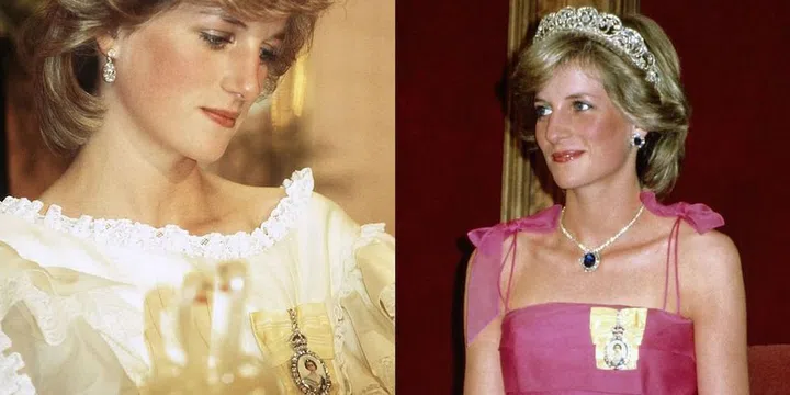 During formal occasions, Diana often wore a brooch pinned to her dress. If you look closely, you'll notice that it's an image of Queen Elizabeth. This brooch's official name is the Family Order of Queen Elizabeth, and is bestowed on certain female members of the royal family. The image depicts a young queen wearing evening attire, and is painted on ivory, bordered with some casual diamonds and set in silk. It's meant to be worn on the left shoulder — and before you ask, no, Kate Middleton has not been given the honor as of yet. Rumor has it she could get it this year for her work on mental health. Photo: Getty 