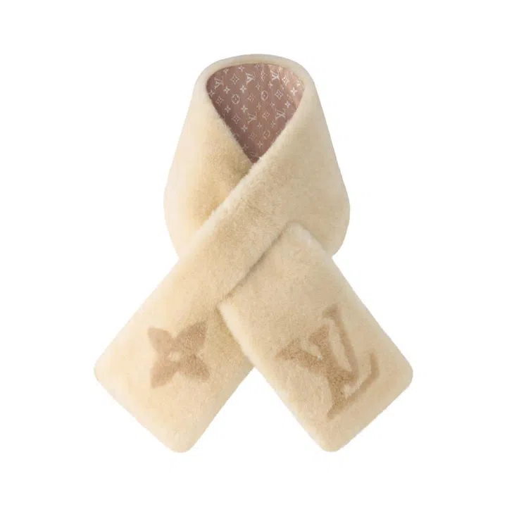 Louis Vuitton cream shearling fur scarf winter ski essentials
