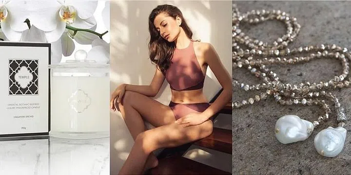 Temple Candles; Pinksalt swimwear; Stones the Rock, all at Glamorous Giving