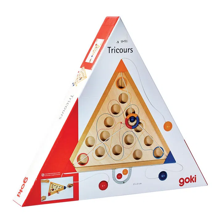 Players need to guide three coloured balls into their respective holes by working as a team. Each player holds one string and through a little push and pull, they can work together to guide the ball along its track and avoid the potholes.