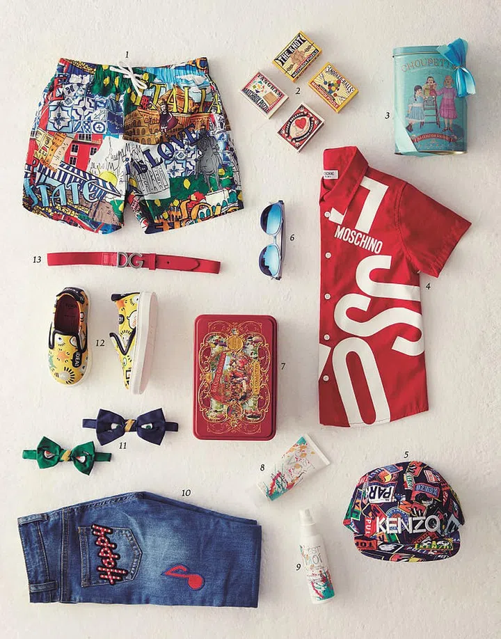 1. Shorts, $330, Dolce&Gabbana Junior 2. Matchbox Puzzles, $6 each, Hamleys of London 3. Lollipops, $28, 
La Cure Gourmande 4. Shirt, $150, Moschino Kids at Kids 21 5. Hat, $100, Kenzo Kids 6. Sunglasses, $660, 
Baby Dior 7. Biscuits, $29, La Cure Gourmande 8. Cleanser, $29.90, C’est Moi at Hamleys of London 
9. Cleansing Milk, $29.90, C’est Moi at Hamleys of London 10. Jeans, $180, Stella McCartney Kids 
11. Bowtie, $150 each, FENDI 12. Shoes, $470, FENDI 13. Belt, $330, Dolce&Gabbana Junior