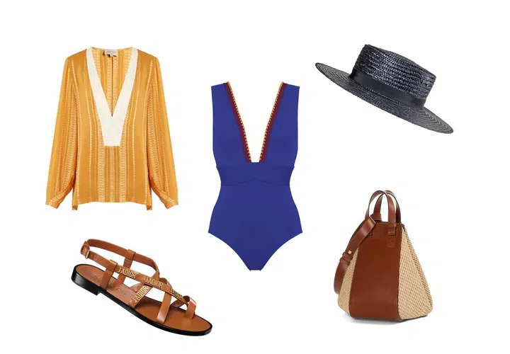 Top, Zeus + Dione at MatchesFashion.com, Sandal, Dior. Swimsuit, Eres. Hat, Max Mara. Bag, Loewe.
