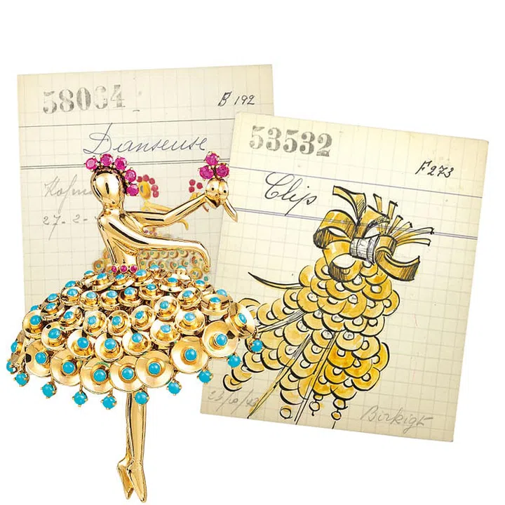 The Bouton d’Or collection finds its design in the Paillette motif, which first appeared in Van Cleef & Arpels’ archives in 1939. A few years later, the motif started appearing on a myriad of designs that included necklaces, double twirl bracelets, floral brooches and structural rings. More importantly, the brand started incorporating the motif into the tutus of its beloved ballerinas, which brought a new level of vitality to the designs. “They are rather abstract motifs, like sequins or lozenges; so they are almost examples of geometric abstraction and really very emblematic of VCA,” says Cariou. “These jewels are closely related to the art of the time.” Having seen the reinterpretations of this year in the form of Bouton d’Or, we’d add that it’s emblematic to the art of this era as well. A Ballerina clip with a turquoise-studded Pailette motif for its tutu; 
a sketch of a floral Pailette motif brooch