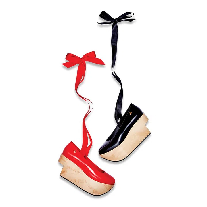 Vivienne Westwood’s diffusion line, Anglomania, has long been known to deliver an irreverent riff on British heritage style. Her latest shoe selection stays true to that ethos. So this season, kick back those towering stilettos and ease your feet into these unique Rocking Horse Ballerinas, designed in collaboration with Melissa shoes. Made in recyclable PVC and finished with a comfortable platform and ribbon laces, all you have to do is pair them with billowy culottes to up your chic cred.