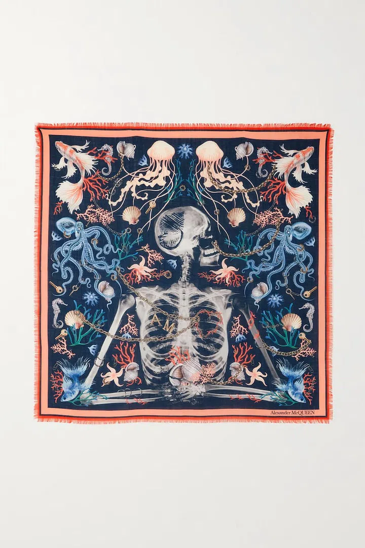 Fringed Wool-Jacquard Scarf, $481, Alexander McQueen at Net-a-Porter
