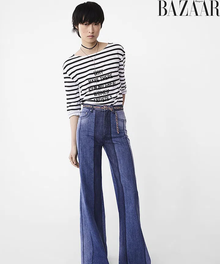 Dior shirt, jeans, earrings, necklaces, belt, and ring