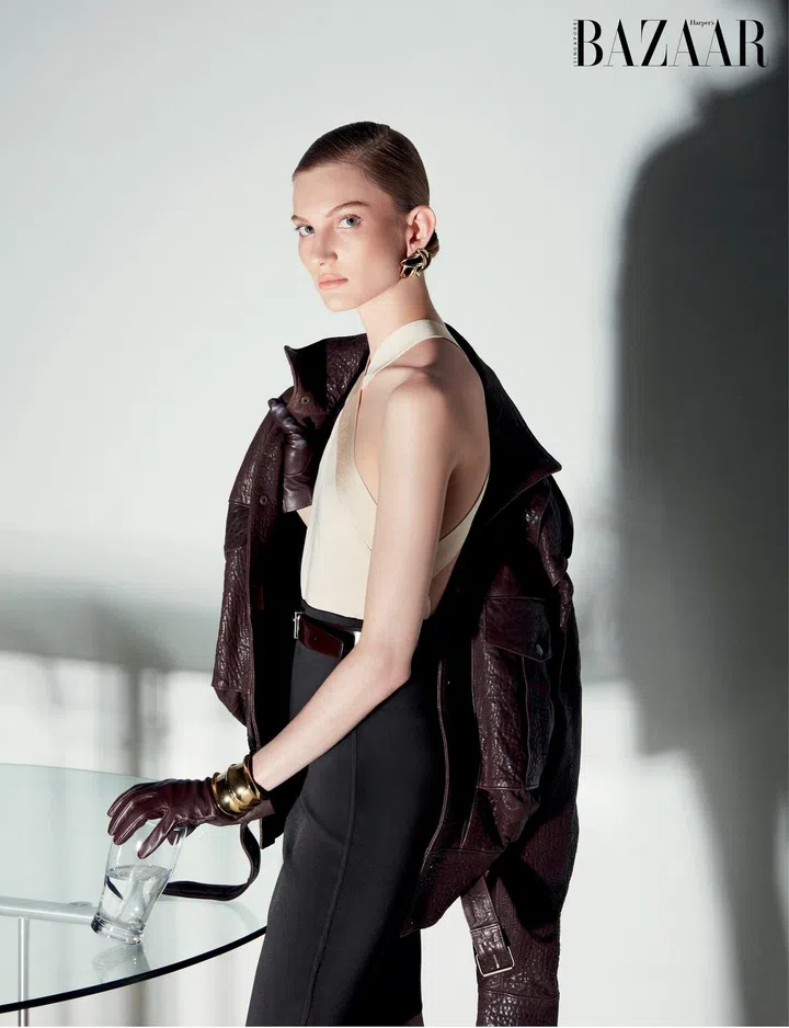 Jacket; bodysuit; skirt; earrings; gloves; belt; cuff, Saint Laurent by Anthony Vaccarello