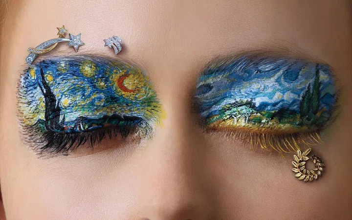 From left: Chanel Fine Jewelry earring and ring; Chopard pendant. Artwork inspired by Vincent Van Gogh. From left: 'Starry Night', 1889; 'Wheat Field With Cypresses', 1889. 