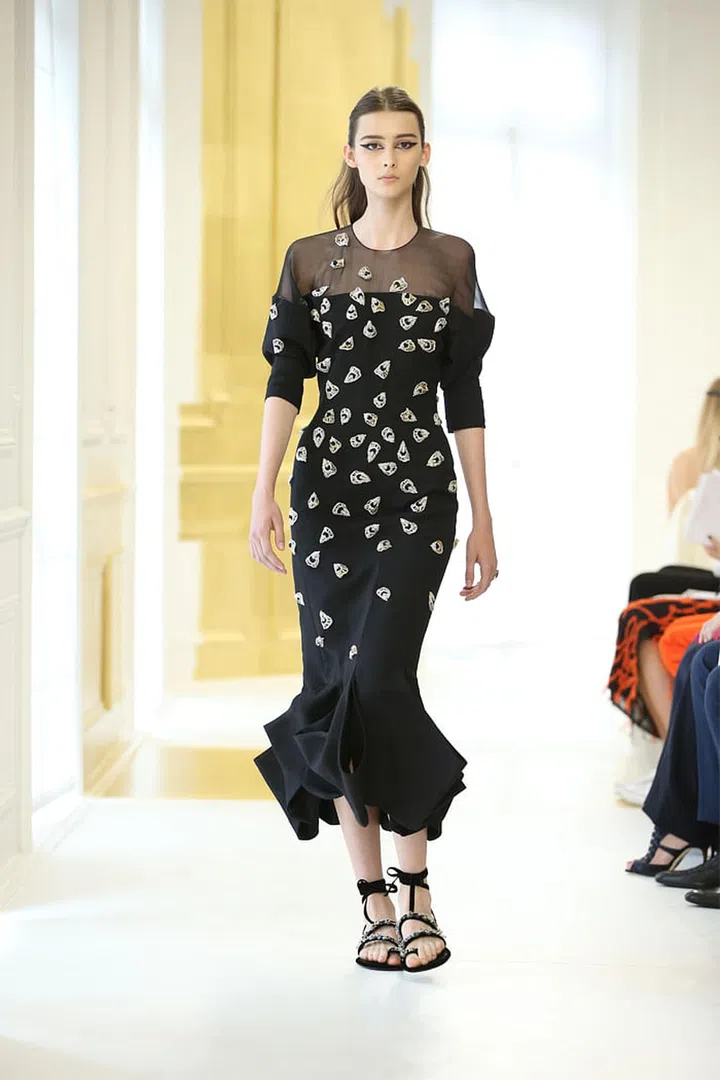 Black wool crêpe and silk chiffon dress with silver and gold embroidery. Photo: Dior