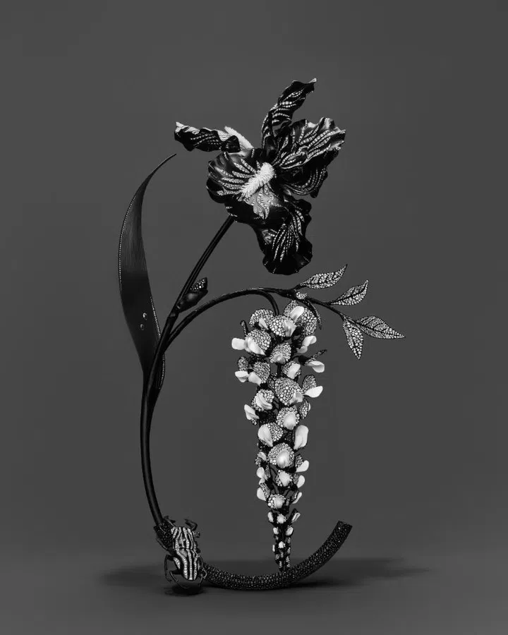 Composition No. 3 in the shapes of iris, wisteria, stag beetle in white gold, ceramic, titanium and aluminum, white ceramic and a pavé setting of diamonds. 