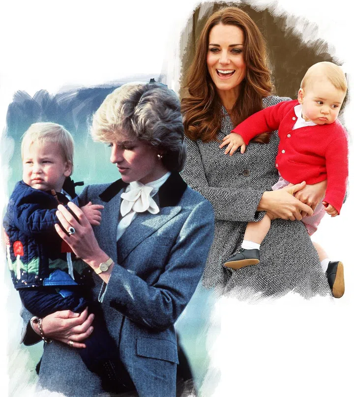 Diana carries a young Prince Harry off a plane at Aberdeen airport in Scotland in 1985; Kate, William and Prince George board their flight from Australia on the final day of the Royal Tour of Australia and New Zealand, 2014