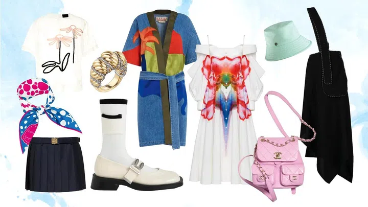 Clockwise from top: Top, $1,100, Simone Rocha. Ring, Cartier. Coat, Marni x No Vacancy Inn. Hat, Loro Piana. Skirt, $1,727, Yohji Yamamoto. Backpack, $8,110, Chanel. Dress, $6,815, Alexander McQueen. Mary jane, $95.90, Charles & Keith. Skirt, $2,750, Miu Miu. Scarf, $470, Louis Vuitton x Yayoi Kusama