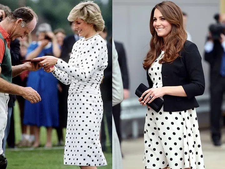 Diana, in Victor Edelstein, awards a prize to Prince Charles' polo manager in 1987; Kate visits the Warner Bros. Studio Tour London in 2013.