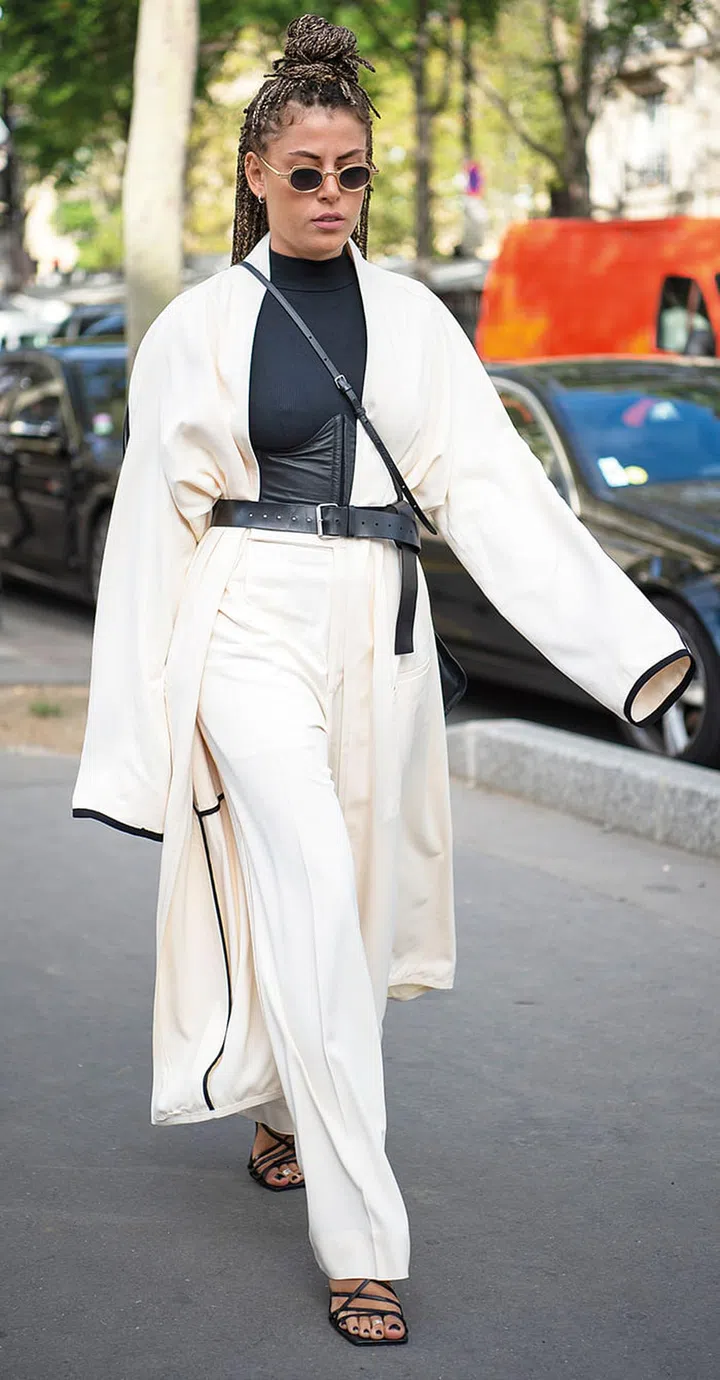 A cinched silk robe and strappy heels take the look from bedroom to boardroom.