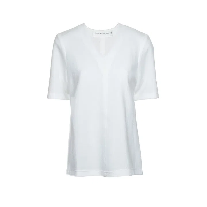 Victoria Beckham Denim White V-neck Structured Top, $470