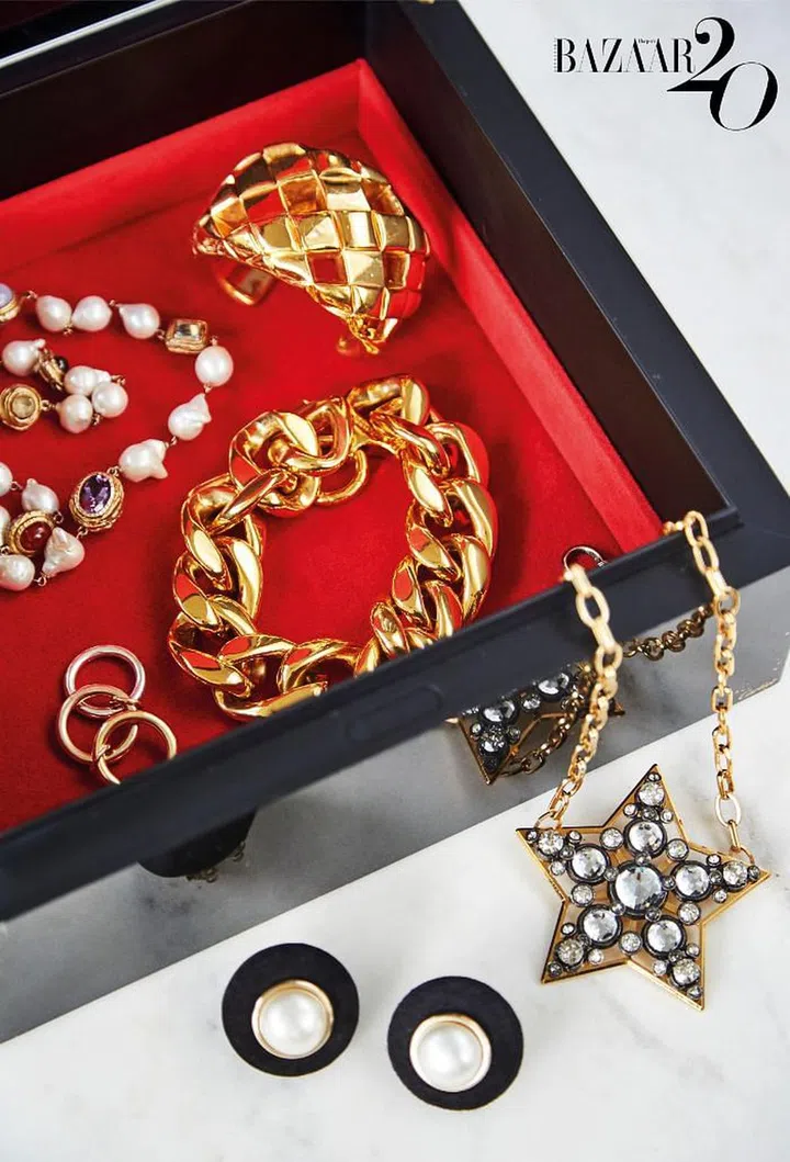 Lee’s jewel box with a trove of jewellery, including a bangle and earrings from Chanel Haute Couture, a CELINE bracelet, a Lanvin necklace, Charlotte Chesnais rings and a custom pearl necklace.