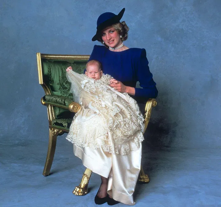 A three-month-old Prince Harry and Princess Diana on the day of his christening.