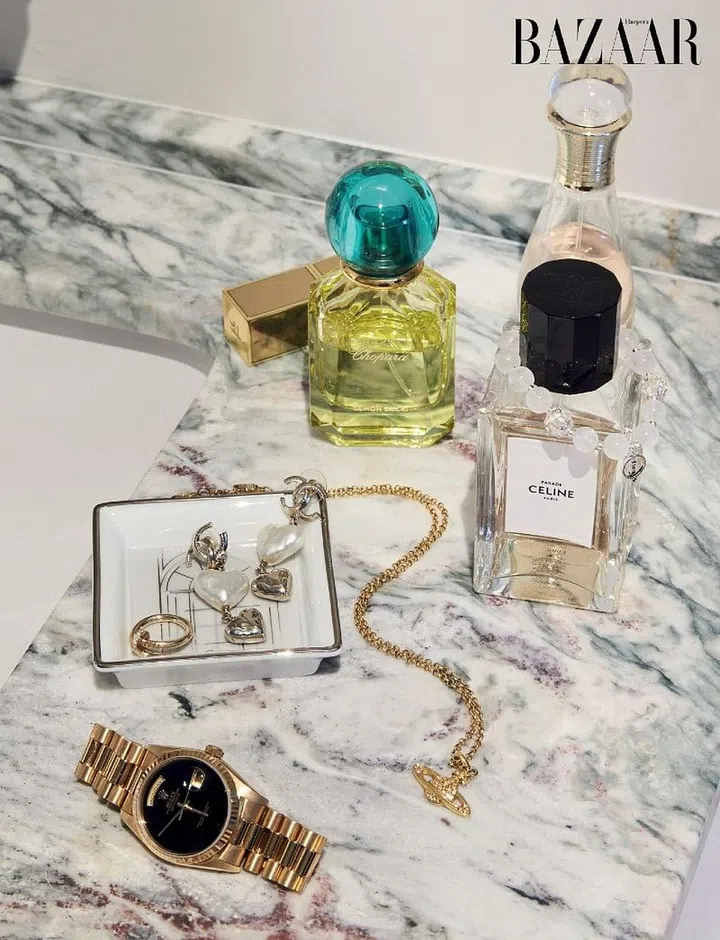 Sitting pretty on the vanity: Some of Chng’s jewellery from Cartier, Chanel and Vivienne Westwood, a
vintage Rolex watch with a customised onyx dial, and a selection of her beauty stash.