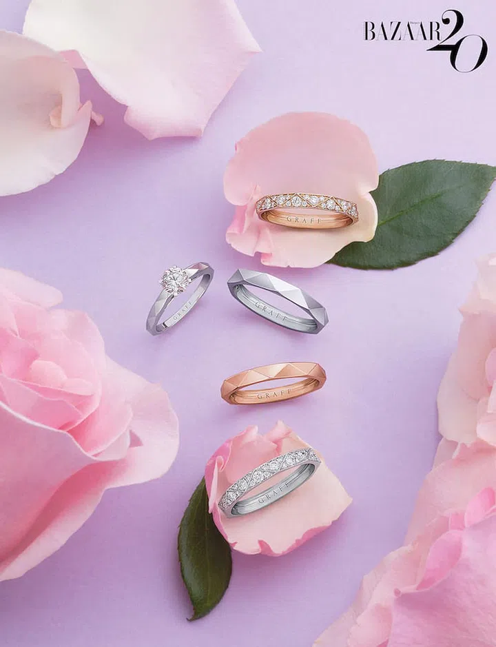 GRAFF LAURENCE GRAFF SIGNATURE COLLECTION: Rose gold and pavé diamond ring; white gold and 0.71-carat round diamond ring; white gold ring; rose gold ring; white gold and pavé diamond ring, from $2,300. (Photo: Ching)