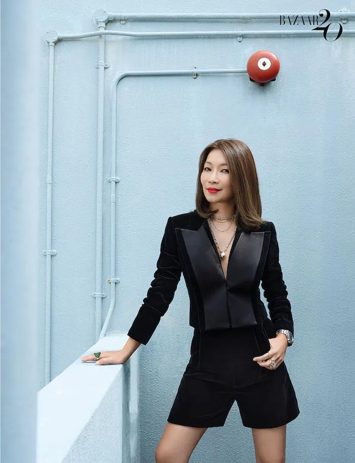 Blazer and shorts, both by Fendi. Necklaces, rings and watch, all Ng’s own. (Photo: Wee Khim)